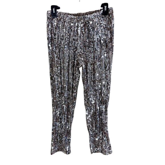 Zara Metallic Silver & Gold Cropped Pants Size Medium EUC Sequins Elastic Waist - Picture 8 of 9